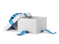 16016288 – gift box open with blue ribbon bow background